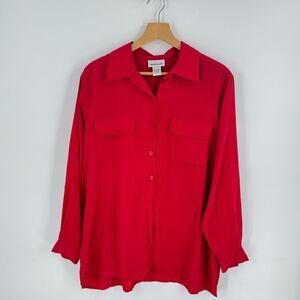 Vintage Avenue 100% Silk Red Button Down Blouse Shirt Long Sleeve 14/16 90s